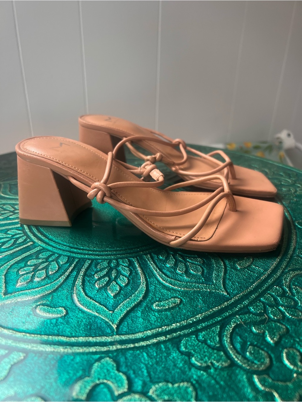 Marc Fisher Peachy Tan Knotted Strappy Block Heels
